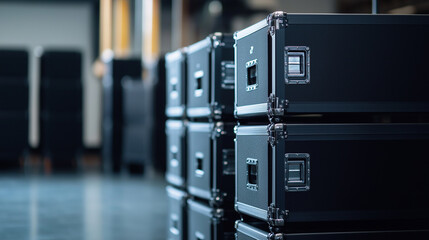 Stacked black transport cases in an indoor setting, symbolizing equipment storage, logistics, and professional event organization.


