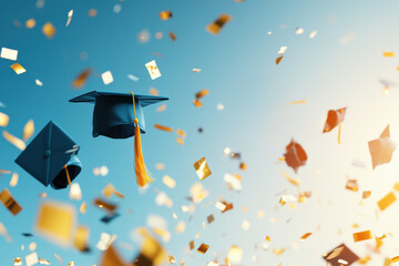 A vibrant celebration captures the moment as graduation caps soar amid colorful confetti. The joyful scene conveys achievement and festive energy in a bright sky.