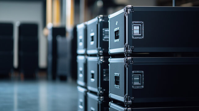 Stacked black transport cases in an indoor setting, symbolizing equipment storage, logistics, and professional event organization.

