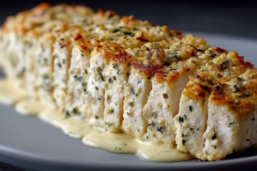 Oven-baked herb crusted chicken served with creamy sauce on a grey plate