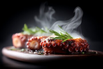 Grilled octopus dish garnished with herbs and steam on a wooden platter at a gourmet restaurant