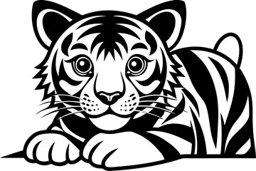 Charming and playful vector illustration of a cute tiger, perfect for children’s books, nursery decor, educational materials, greeting cards, and digital designs.