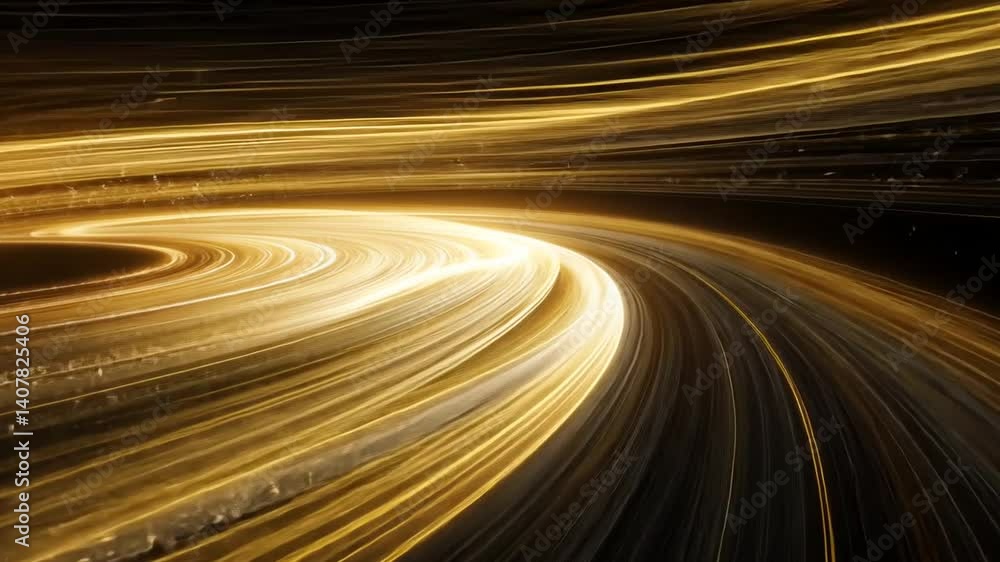 Poster dynamic golden light trails flowing across dark background with glowing particles