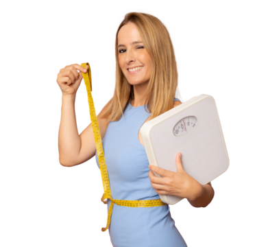 Young woman holding yellow measuring tape as dieting symbol and weight scales isolated over transparent background.