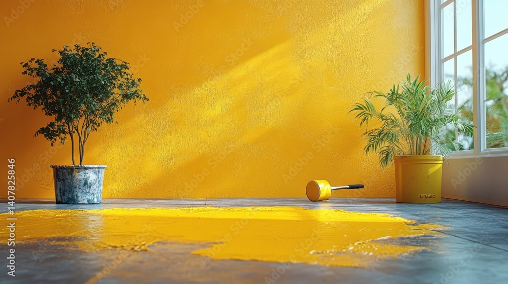 Aufkleber a vibrant yellow wall with a paint roller partially coated in fresh paint shows a home improvement p