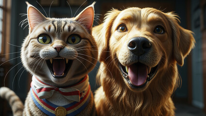 Happy cat and dog smiling together, pets showing friendship and joy