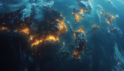 Southeast Asia from space, intricate coastal geography, expansive rainforests, busy shipping lanes, bright urban lights