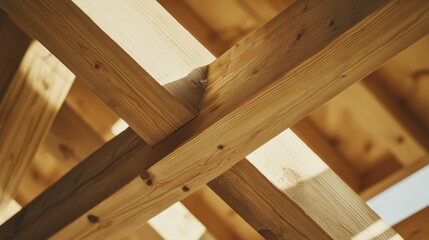 Carpenter installing wooden beams for a house frame. Featuring craftsmanship and precision