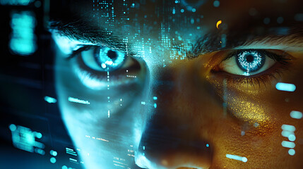 Digital Vision: A mesmerizing close-up reveals a human eye, digitally enhanced with cybernetic elements, showcasing a fusion of technology and humanity.