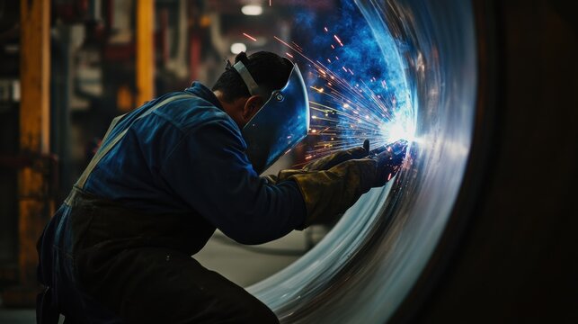 Hispanic boilermaker welding pressure vessels inside an industrial plant. Featuring strength and expertise