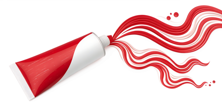 An artistic depiction of red paint flowing in wavy patterns from a red and white tube, - Powered by Adobe