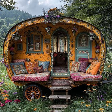 Colorful gypsy wagon interior with hanging plants high resolution picture