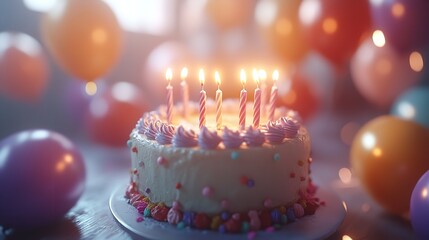 Birthday Cake with Candles and Colorful Balloons in Soft Lighting