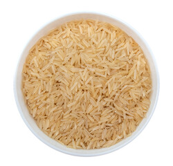Plate with dry rice on white background. Cereal isolate