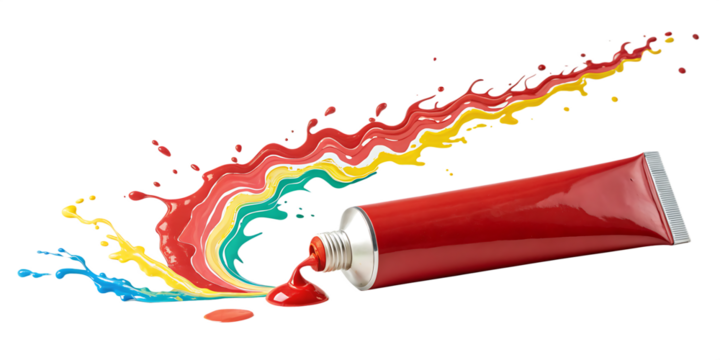 A tube of red paint with a zigzag stream of vibrant paint emerging,