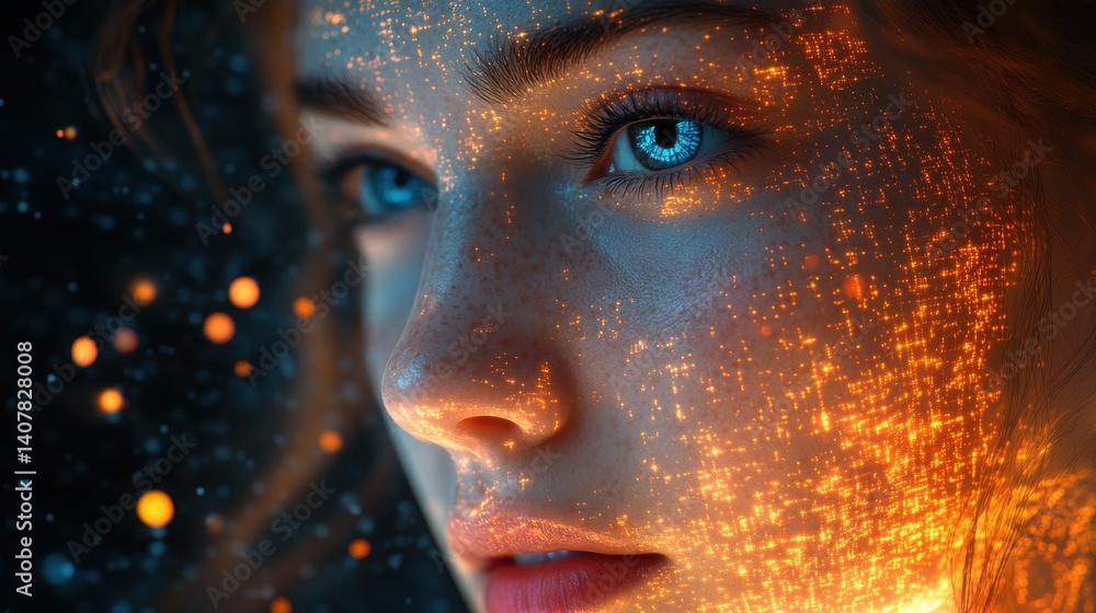 Poster a woman s face is shown in a computer generated image with a bright colorful and futuristic look the image is a representation of a digital avatar