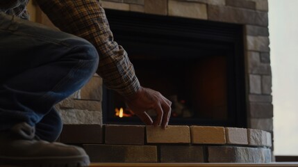 Fototapeta premium Hispanic bricklayer constructing a fireplace in a living room. Featuring masonry and fireplace construction