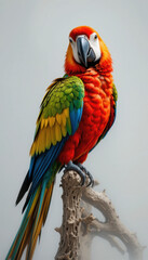 Obraz premium Vibrant Scarlet Macaw Perched on Branch, Light Background