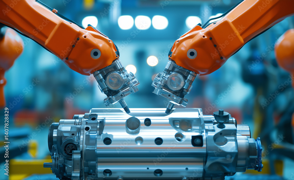 Poster futuristic robotic assembly line producing high-tech engine components with glowing red elements, sy