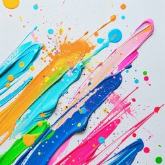 Vibrant Rainbow Paint Splashes on White Canvas - Abstract Expressionist Art