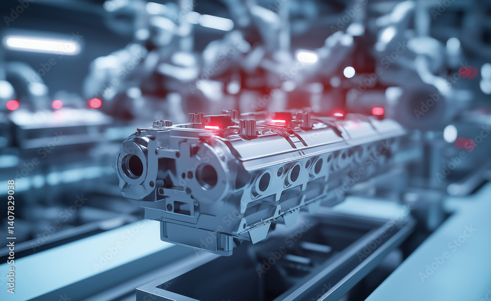 Poster futuristic robotic assembly line producing high-tech engine components with glowing red elements, sy