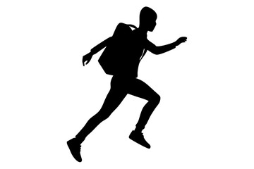 Black Silhouette Of A Young Man Running With Backpack In Studio Shot Isolated On White Background Dynamic Action, silhouette, running, man, backpack, isolated, white background, runner, black