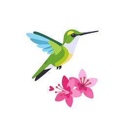 Obraz premium Cartoon_hummingbird_hovering_near_pink_flowers