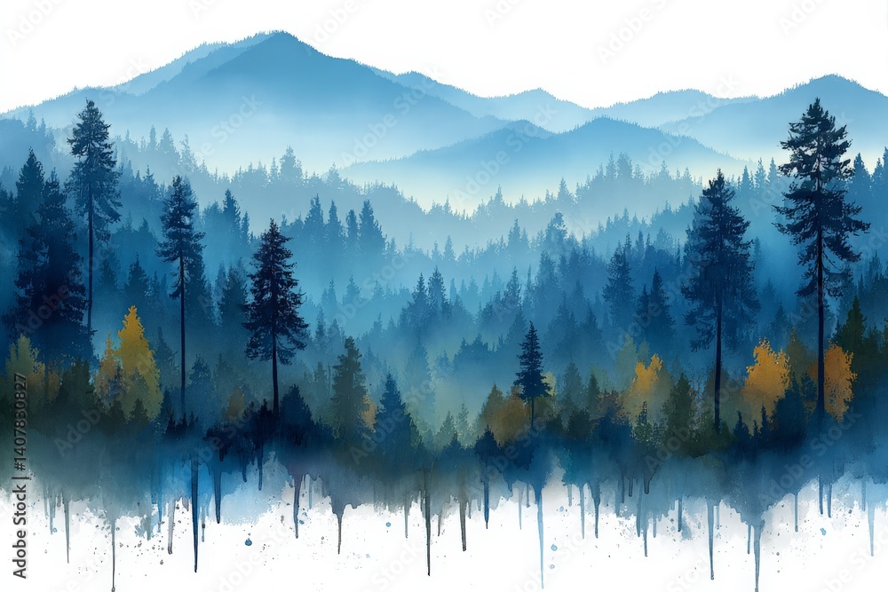 Poster scenic view of a misty forest with layered mountains in the background at dawn