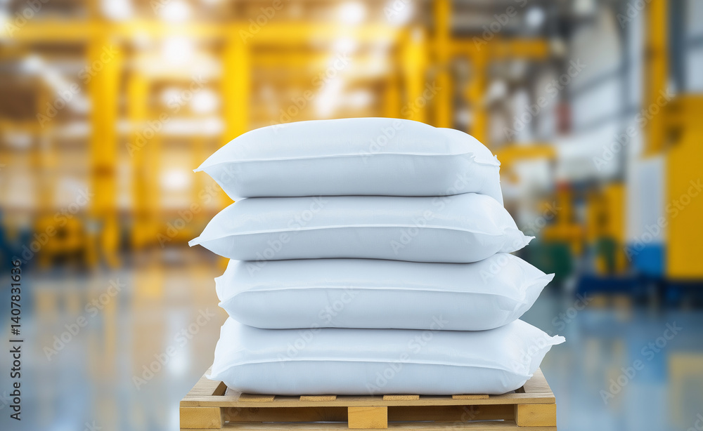 Poster stack of white industrial sacks on a pallet in a modern factory with robotic arm in the background, 