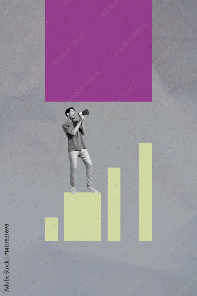 Poster composite collage of person stand big graphs under square shape on grey background