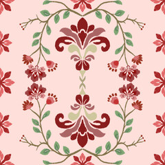 A floral pattern featuring intricate red designs and green foliage on a soft pink background, ideal for textiles or wallpaper.