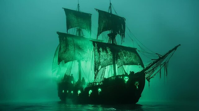 Ghost ship illustration: eerie pirate ship sailing in dark waters, fantasy scene with glowing green light effect