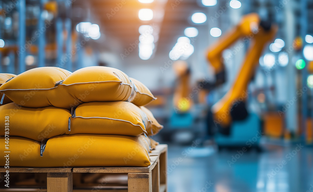Poster stack of white industrial sacks on a pallet in a modern factory with robotic arm in the background, 