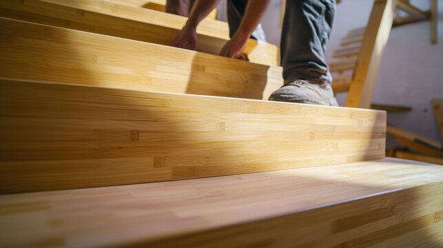 Hispanic carpenter assembling a custom wooden staircase. Featuring carpentry skills and home construction
