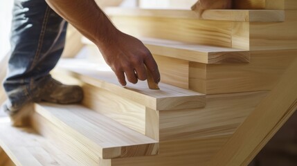 Hispanic carpenter assembling a custom wooden staircase. Featuring carpentry skills and home construction