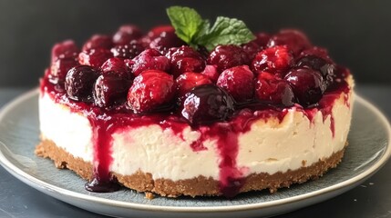 A creamy cheesecake topped with an assortment of fresh berries, including raspberries, blueberries, and blackberries, served on a gray plate.
