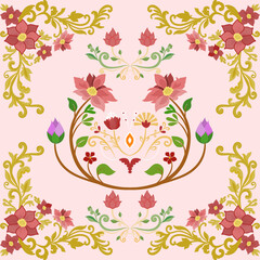 A vibrant floral design featuring intricate patterns of pink and green flowers on a soft pink background, perfect for decorative purposes.