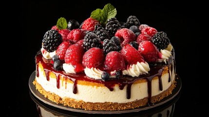 A creamy cheesecake topped with an assortment of fresh berries, including raspberries, blueberries, and blackberries, served on a gray plate.