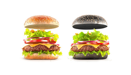 Beef hamburger with cheese and vegetables mockup ingredients, front view