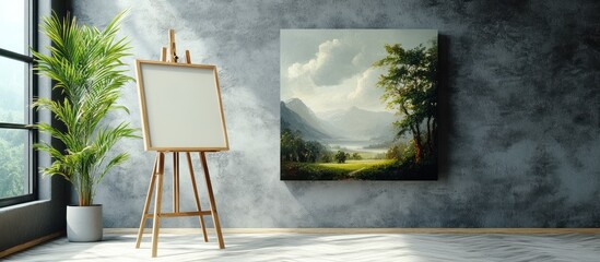 Landscape painting on easel in modern room