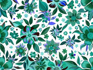 Fototapeta premium seamless pattern with flowers and leaves, floral pattern for textile design and digital papers, seamless background with green leaves, seamless floral pattern, seamless pattern with leaves