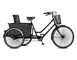 Cargo tricycle with basket in vintage engraving style