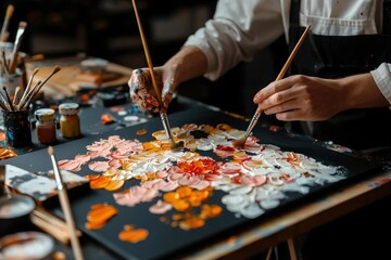 Artist paints flowers with brushes on a black canvas in studio, artistic background