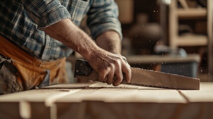 Carpenter cutting wood with a saw in a home workshop. Featuring skill and focus