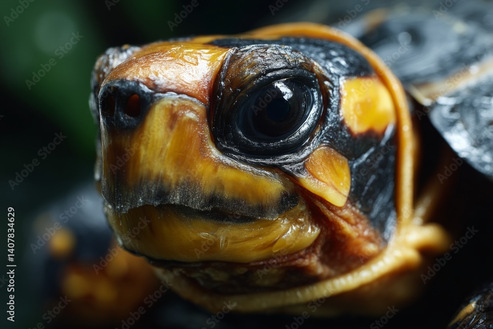 Poster close-up of a vibrant tortoise showcasing intricate patterns and textures during a serene moment in 