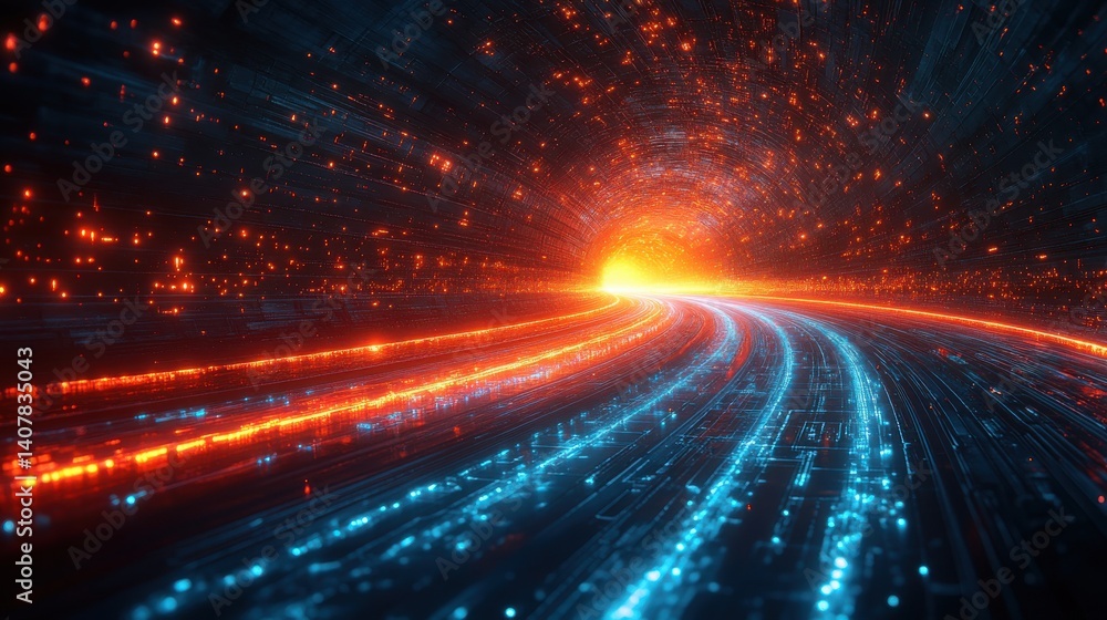 Poster abstract digital art depicting a futuristic highway converging towards a glowing horizon vibrant ora