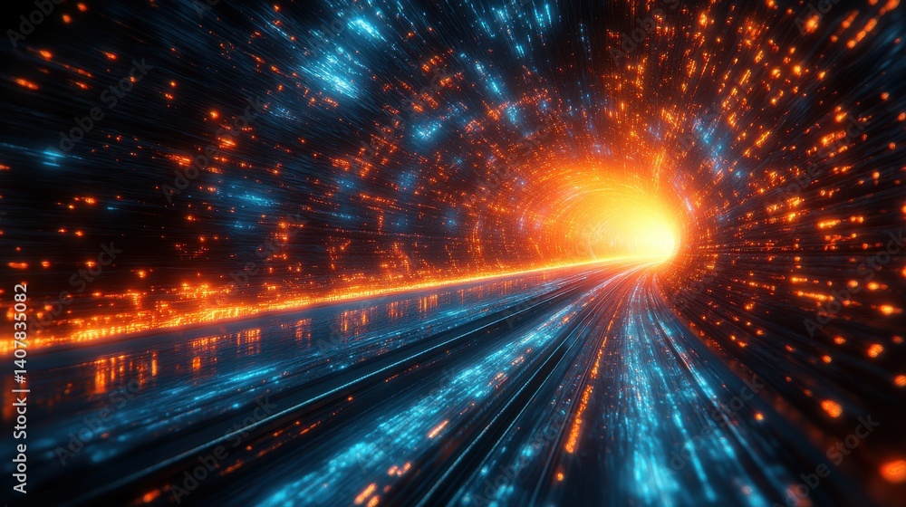 Poster abstract digital art depicting a futuristic highway converging towards a glowing horizon vibrant ora