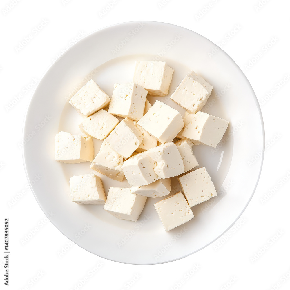 Poster fresh tofu cubes arranged in a transparent plate on a clean transparent background ready for culinar