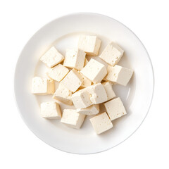Fresh tofu cubes arranged in a transparent plate on a clean transparent background ready for culinary use, tofu in transparent plate isolated on transparent background