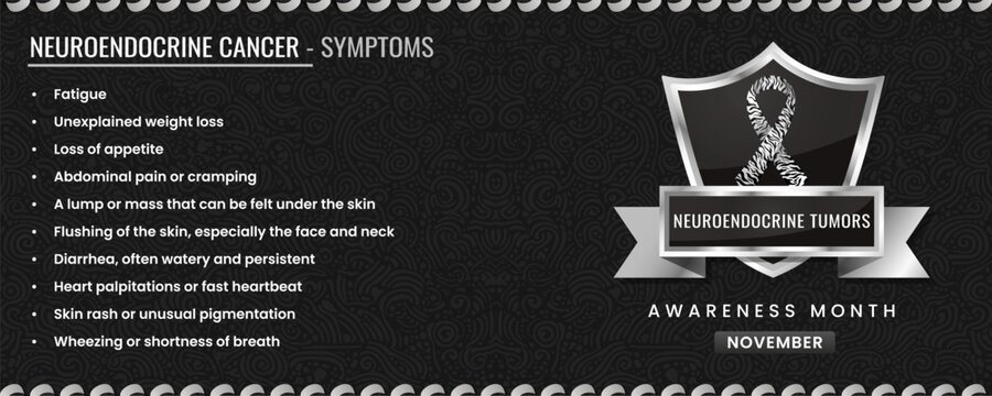 Original Neuroendocrine Tumor ribbon with Symptoms, Shield Design with Pattern Based Background.